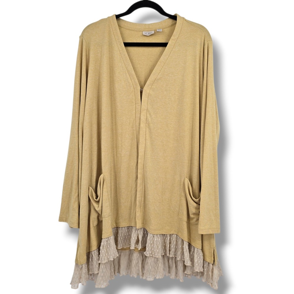 LOGO Lori‎ Goldstein Mustard Yellow Lace Ruffle Hem Cardigan Hook Closure 2X